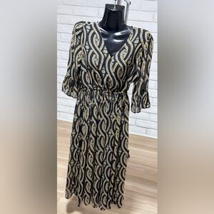 Black & Gold Printed Midi Dress with drawstring Waist
